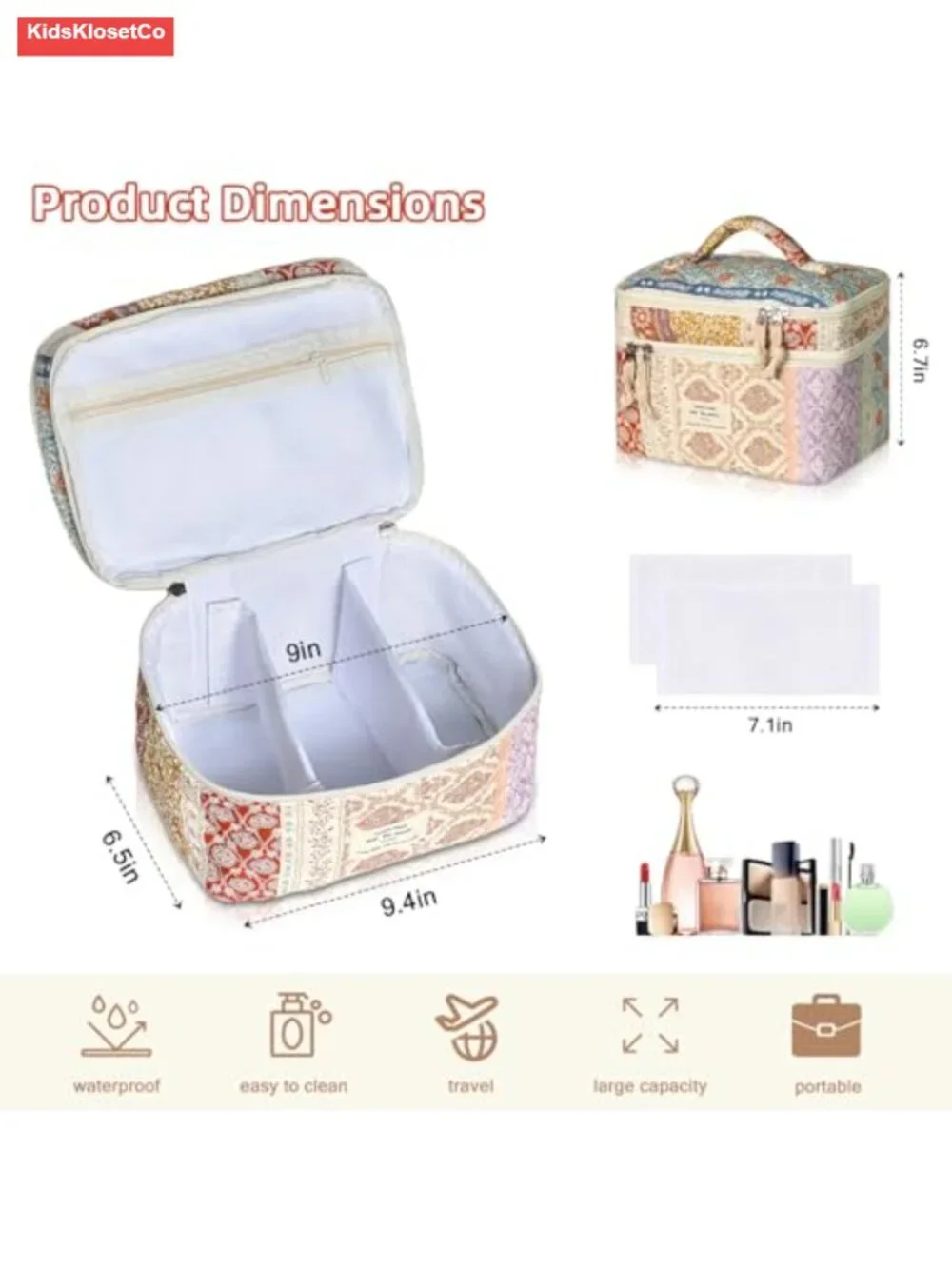 Large Capacity Quilted Cotton Cosmetic Bag Travel Toiletry Organizer with